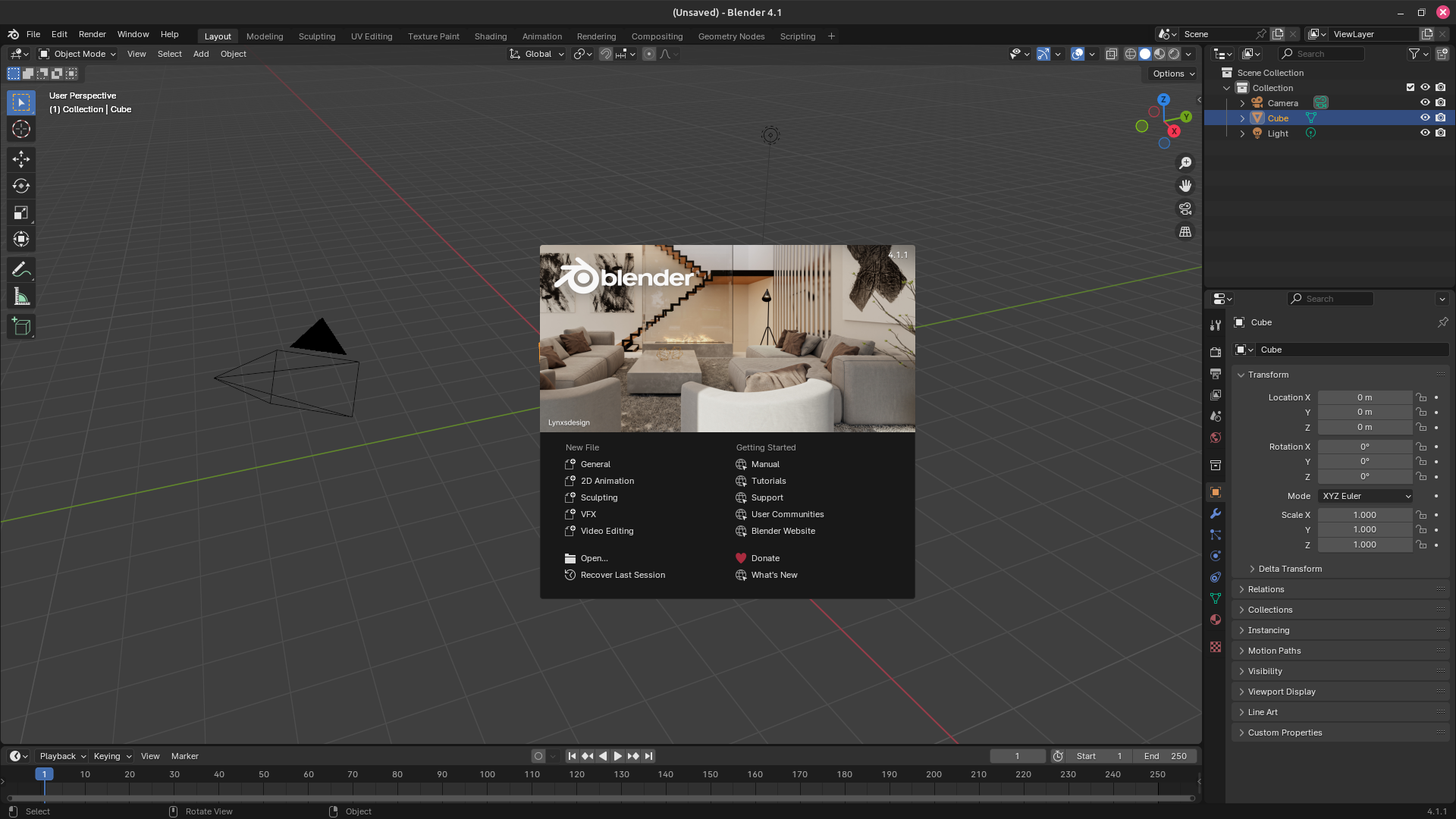 Blender's 4.1 welcome screen