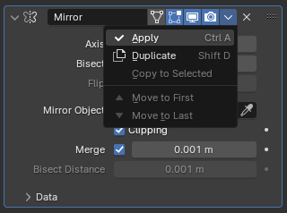 Mirror modifier with apply drop down opened