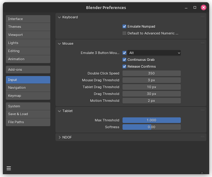 Blender's input tab of Preferences with numpad and middle mouse emulation on