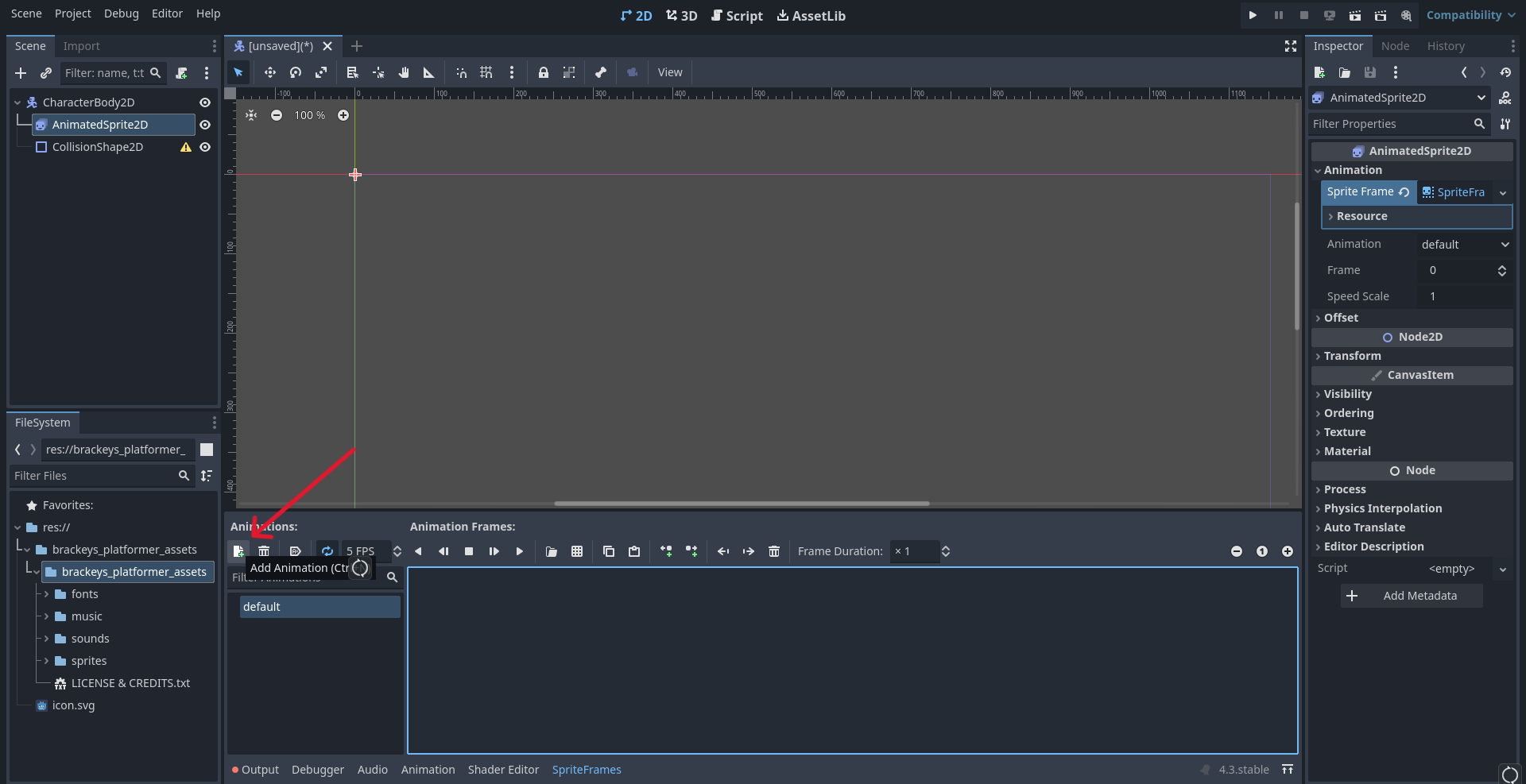 Screenshot showing new animation button