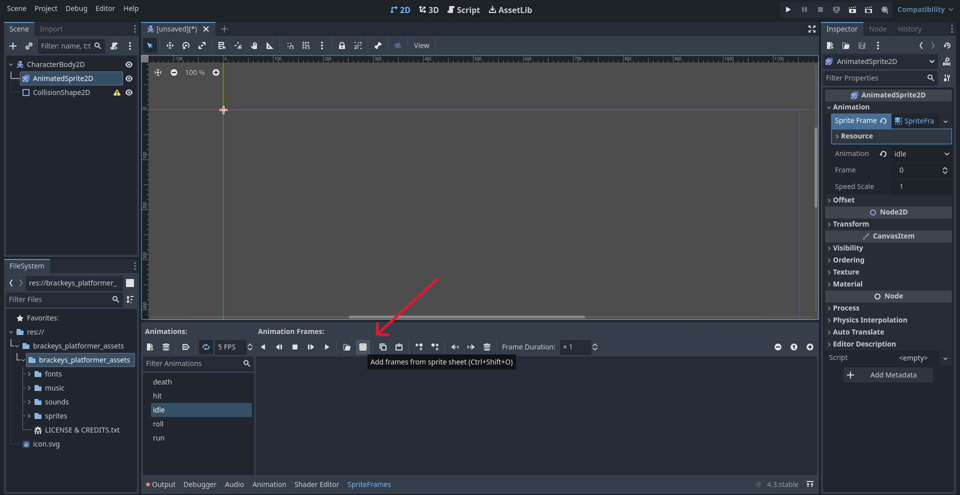 Screenshot showing add sprite frames button