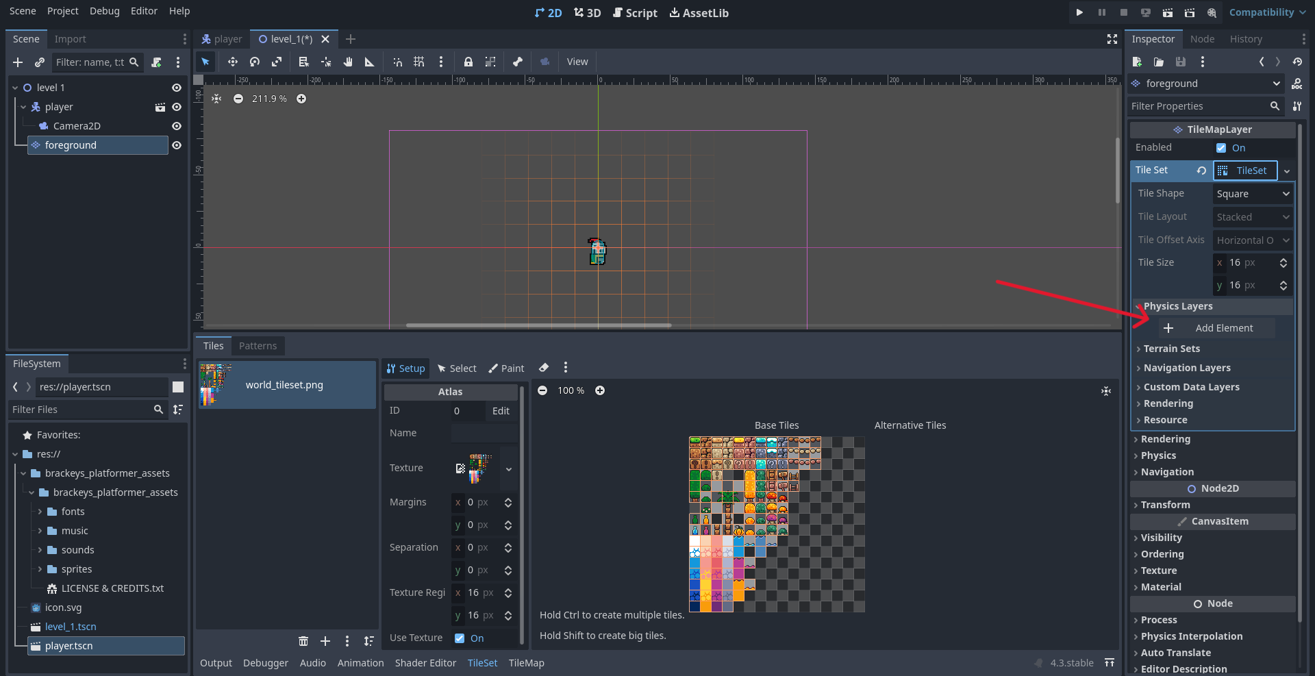 Screenshot showing physics layer add element