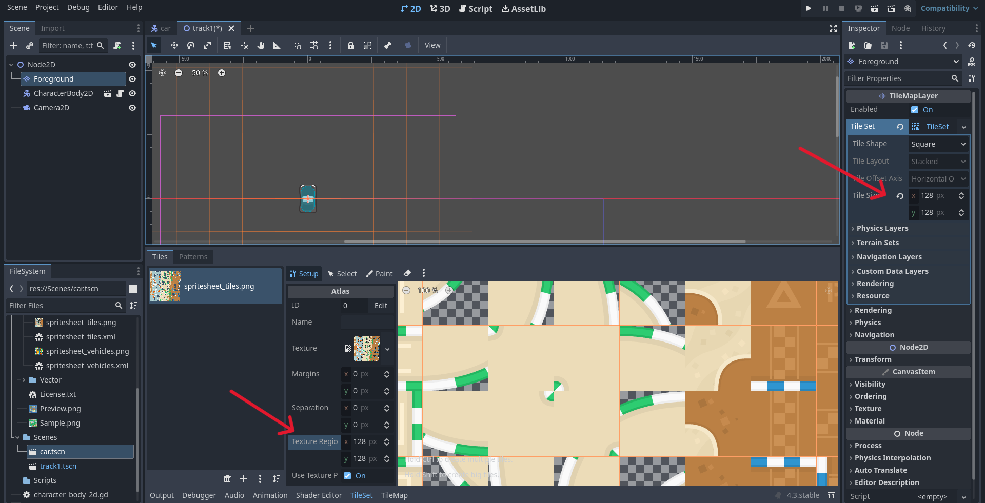 Screenshot showing TileSet size menu