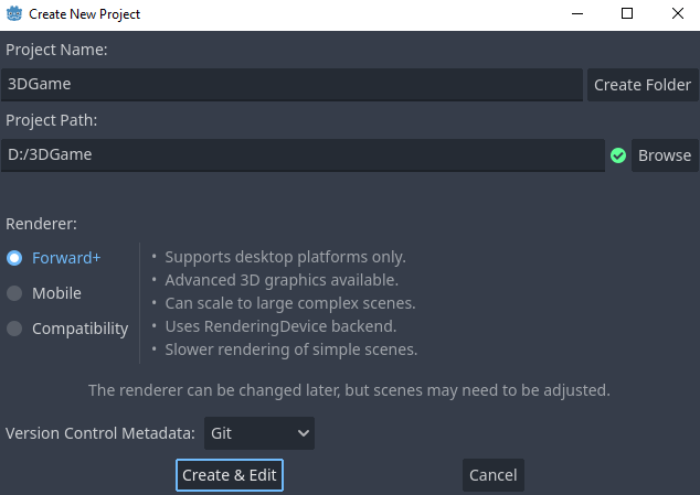 Godot new project window