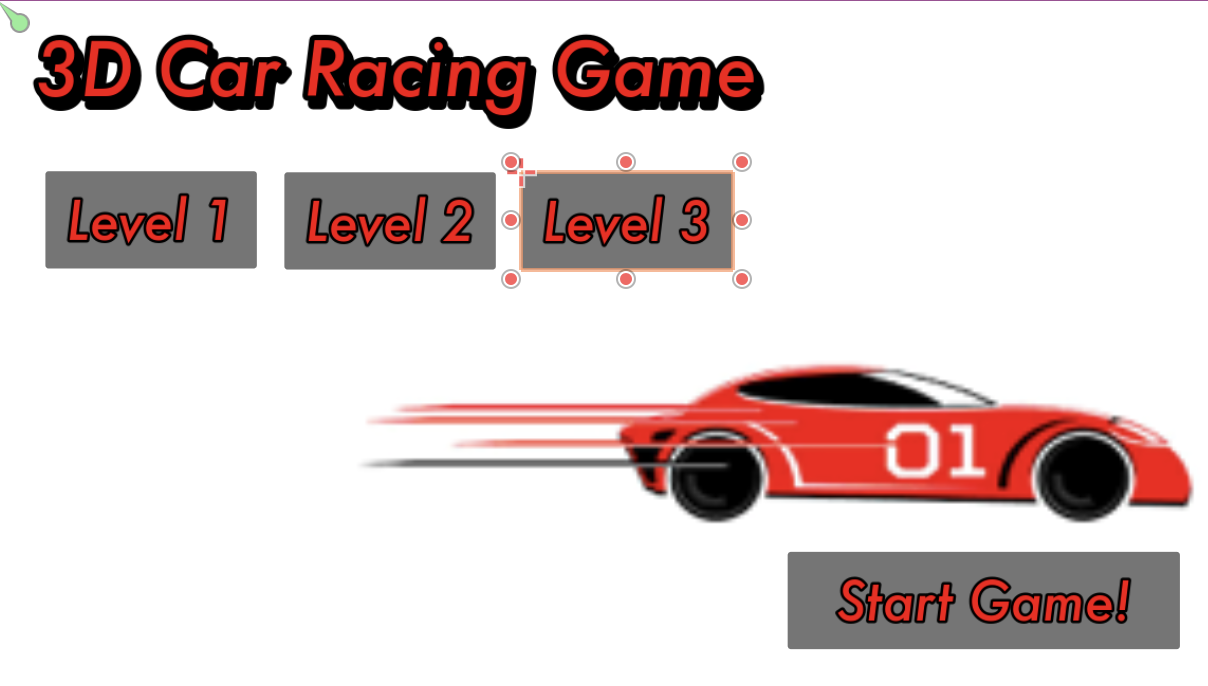 levels menu photo with start game and level 1 to 3 buttons