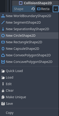 Drop-down of shape property on CollisionShape2D node highlighting New CircleShape2D