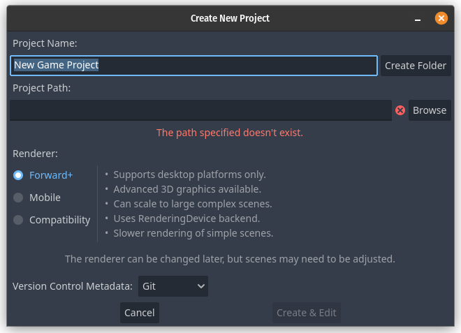 New project window