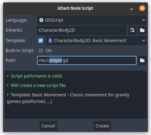 Godot window for making a new script on a CharacterBody2D node
