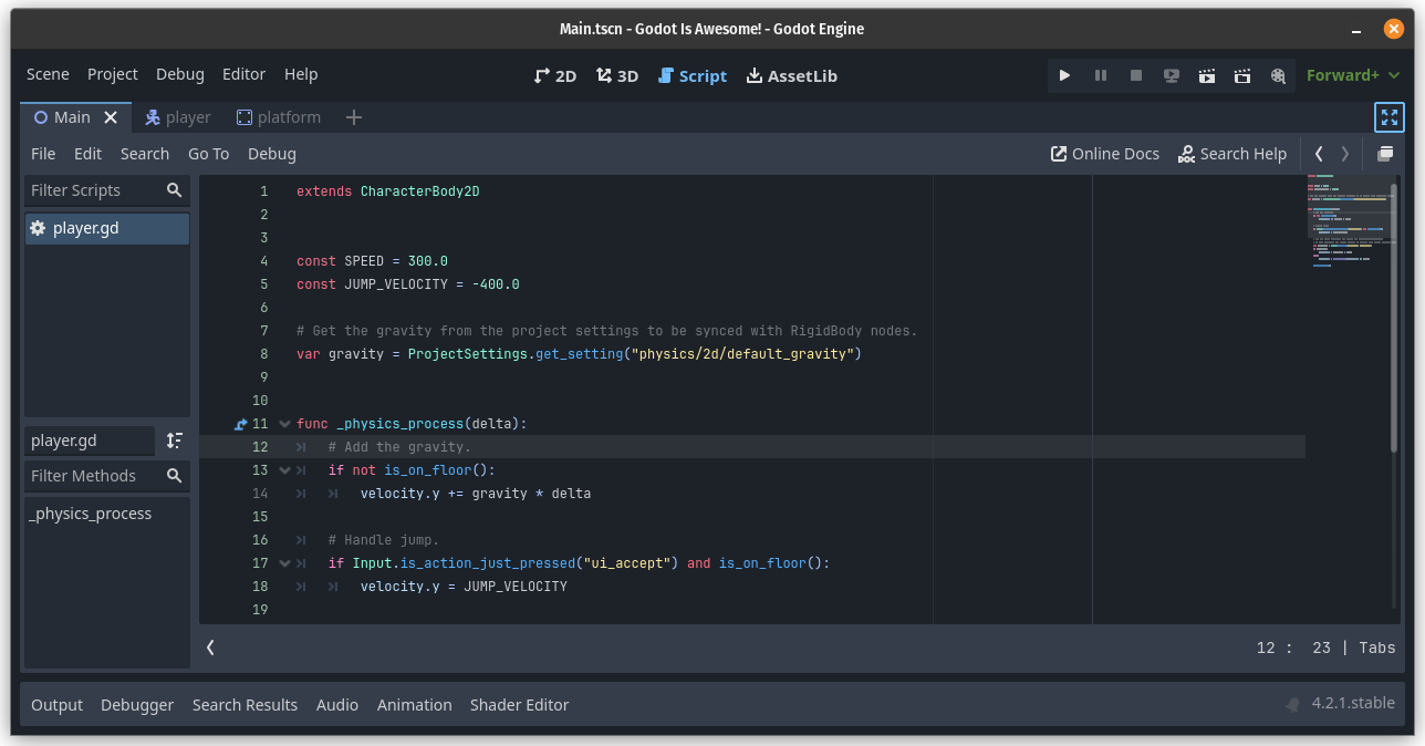 Godot scripts screen with default CharacterBody2D template loaded on a GDScript called player.gd