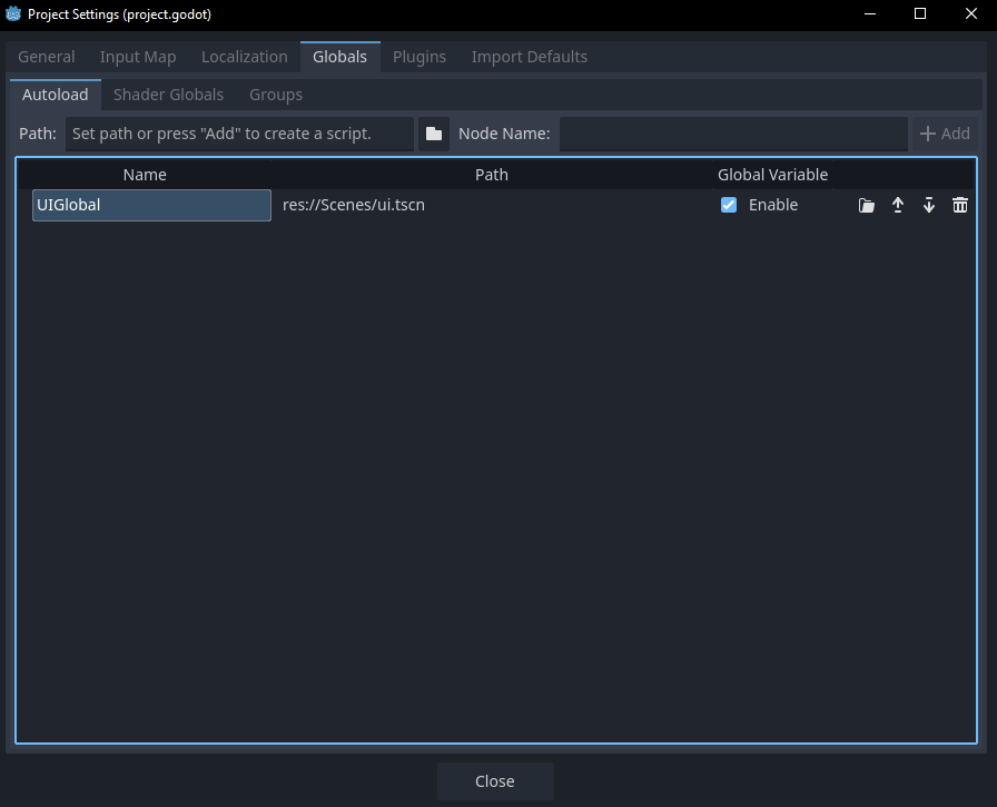 Globals tab in Godot project settings
