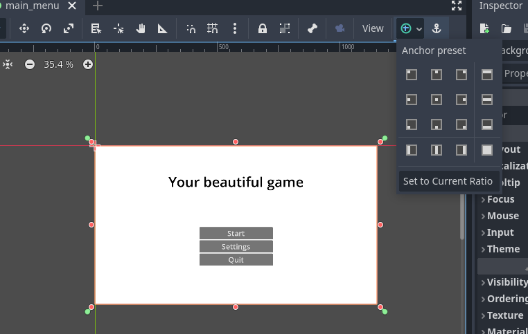 Scene with "Your beautiful game" as title, a start, settings, and menu button below it, and with the anchor presets menu open