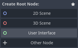 Create root node section of Godot with User Interface highlighted